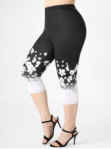 Monochrome Floral Print Tee and Leggings Plus Size Summer Outfit