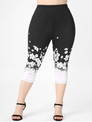 Monochrome Floral Print Tee and Leggings Plus Size Summer Outfit