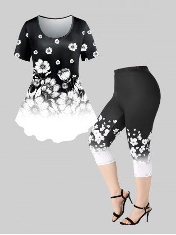 T-shirt Imprimé Floral Noir et Blanc et Legging Grande Taille - BLACK