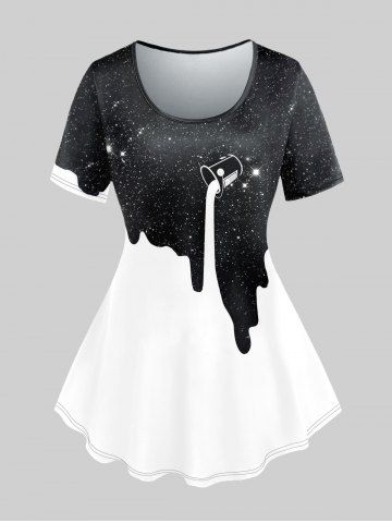 Plus Size 3D Colorblock Light Beam Paint Splatter Print Short Sleeve Round Neck T-Shirt - BLACK - S | US 8