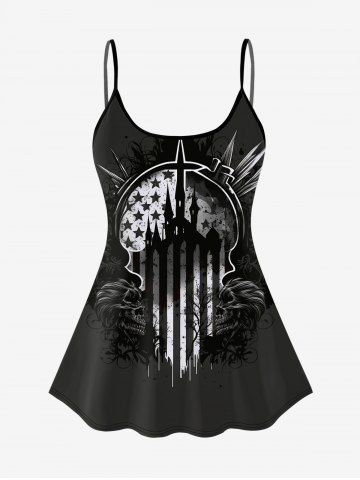 Gothic Skull Patriotic American Flag Print Tankini Top - BLACK - 1X