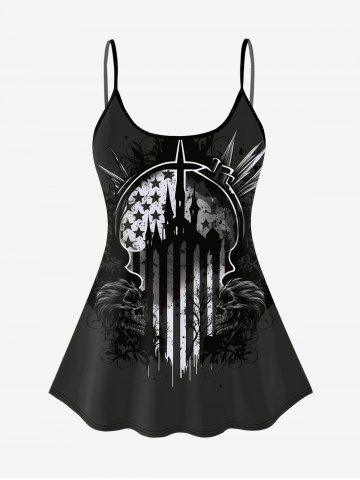 Gothic Skull Patriotic American Flag Print Tankini Top - BLACK - 3X