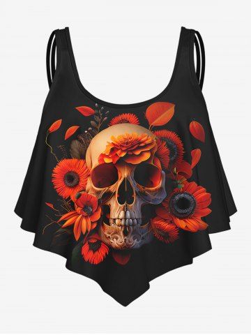 Gothic Skull Floral Print Flounce Tankini Top - BLACK - 1X