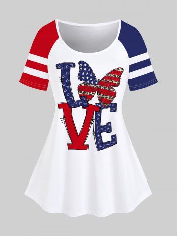 Plus Size Patriotic Butterfly LOVE American Flag Print Raglan Sleeve T-shirt - WHITE - 2X | US 18-20