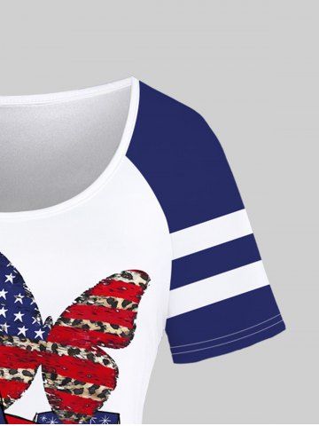Plus Size Patriotic Butterfly LOVE American Flag Print Raglan Sleeve T-shirt