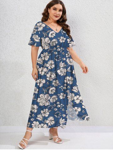 Plus Size Floral Split Hem Maxi A Line Dress - BLUE - 5X | US 30-32