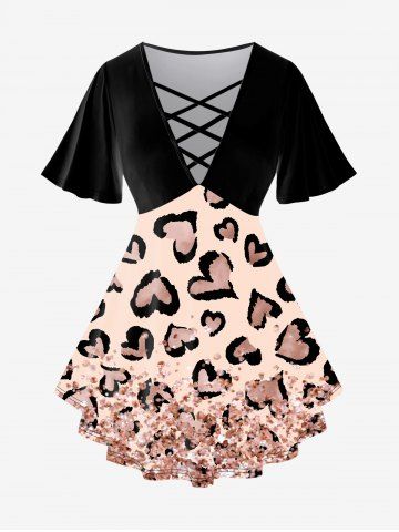Plus Size Crisscross V-Neck Heart Shape Sparkling Sequin Print Short-Sleeved T-Shirt - BLACK - 5X | US 30-32