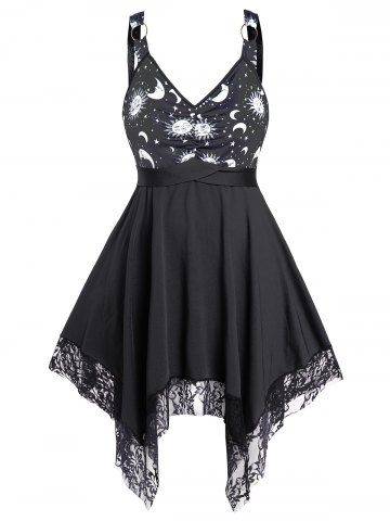 Plus Size & Curve Sun Moon Star Celestial Print Ruched Lace Hem Empire Waist A Line Midi Dress - BLACK - L