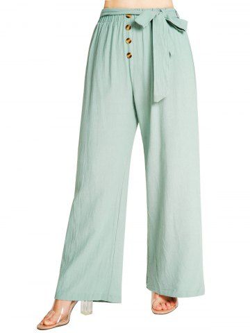 Pastel Color Mock Button Belted Elastic High Waisted Wide Leg Long Pants - LIGHT GREEN - L