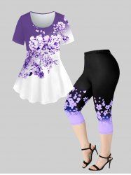 Ombre Floral Print Short Sleeve Tee and Capri Leggings Plus Size Summer Outfit -  