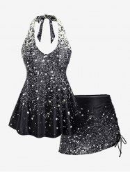 Halter 3D Sparkling Sequin Print DrawstringThree Piece Tankini Swimsuit -  