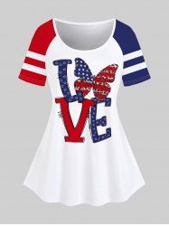 Plus Size Patriotic Butterfly LOVE American Flag Print Raglan Sleeve T-shirt -  
