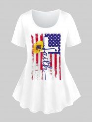 Plus Size Patriotic Sunflower American Flag Letters Printed Graphic Tee - Blanc 3X | US 22-24