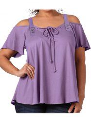 Plus Size Cold Shoulder Lace Up Short Sleeve T-shirt -  