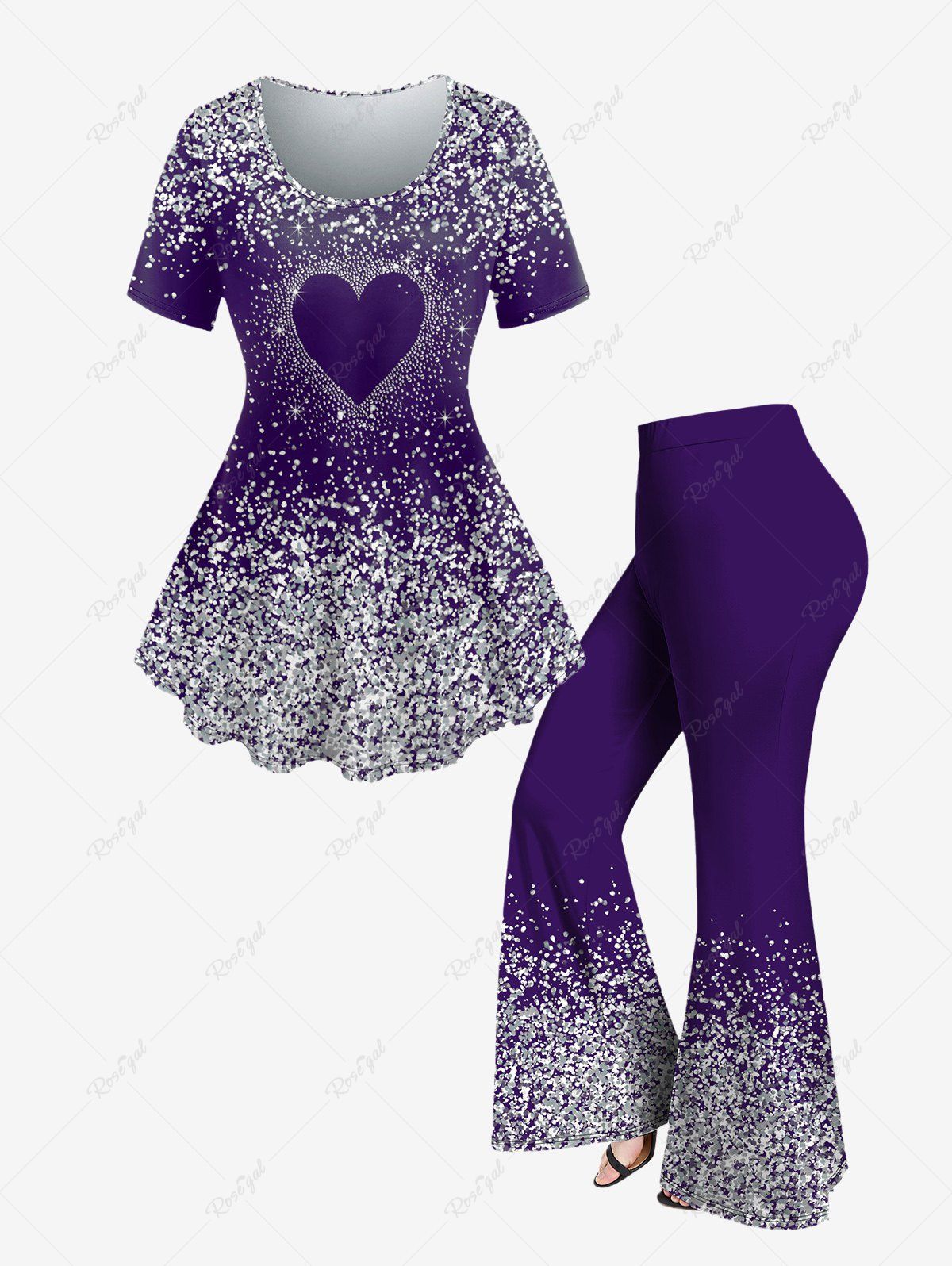 Glitter Heart Printed Short Sleeves Tee And Flare Pants Plus Size Disco 70s  80s Outfits [67% OFF]