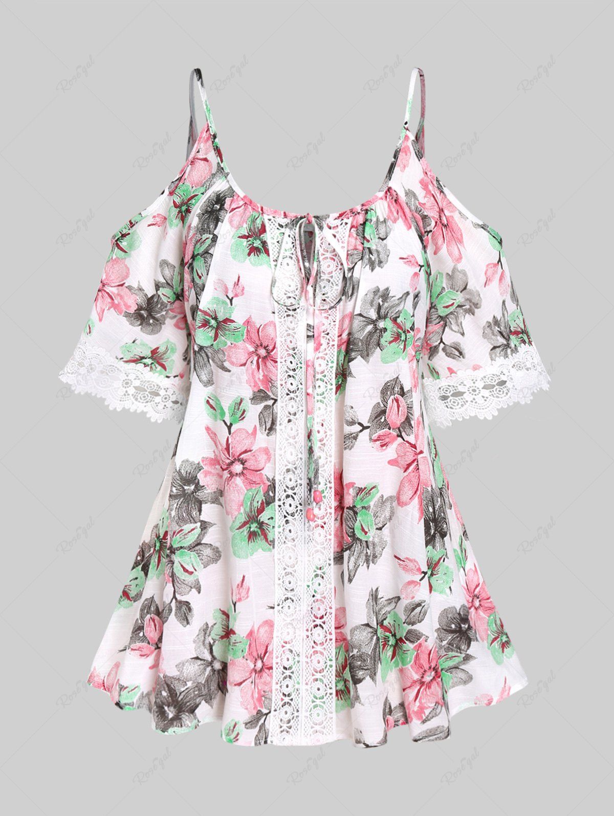 Cheap Plus Size Guipure Lace Panel Tie Floral Cold Shoulder Top  