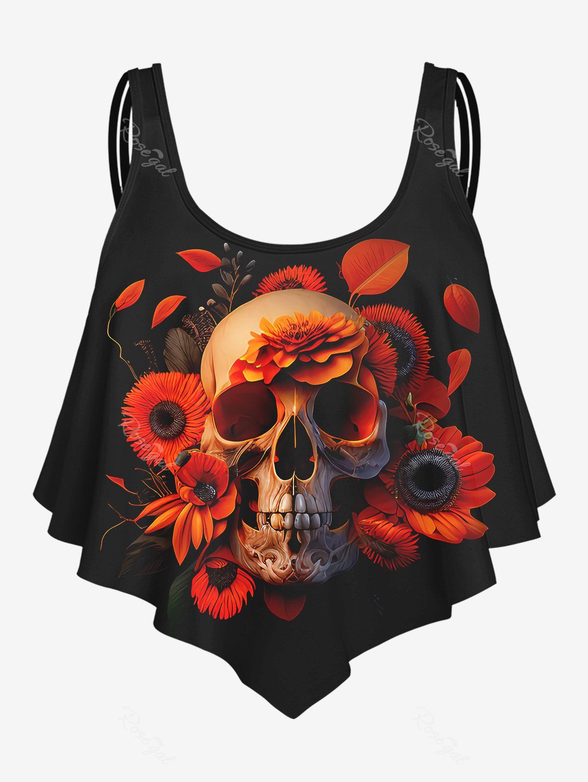 Store Gothic Skull Floral Print Flounce Tankini Top  