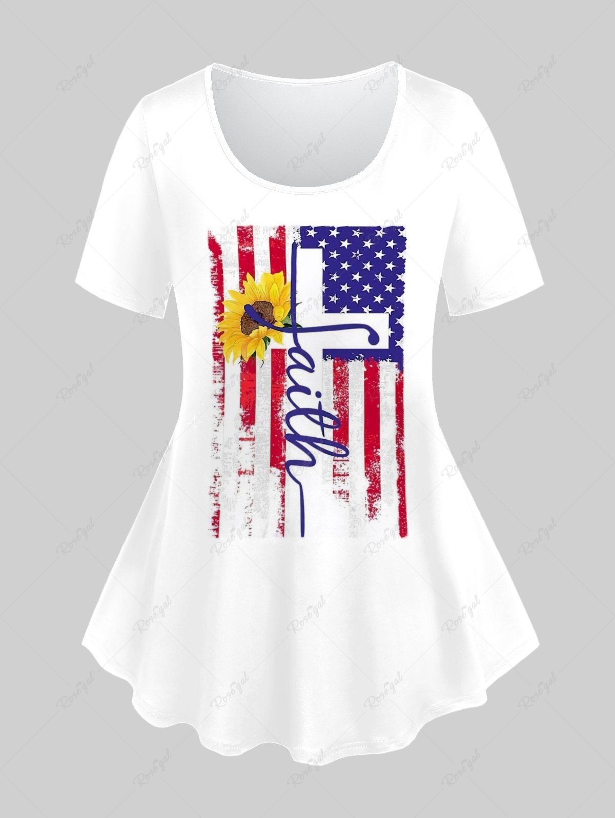 Plus Size Patriotic Sunflower American Flag Letters Printed Graphic Tee Blanc 3X | US 22-24