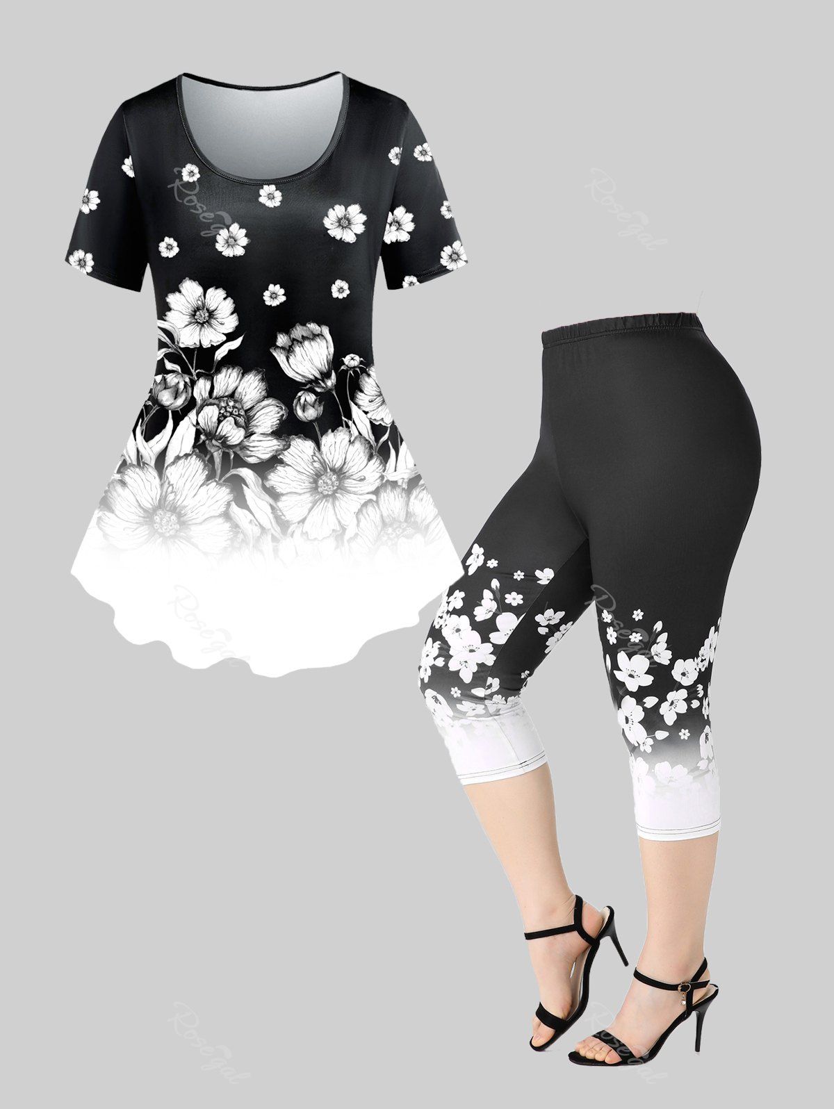 Shops Monochrome Floral Print Tee and Leggings Plus Size Summer Outfit  