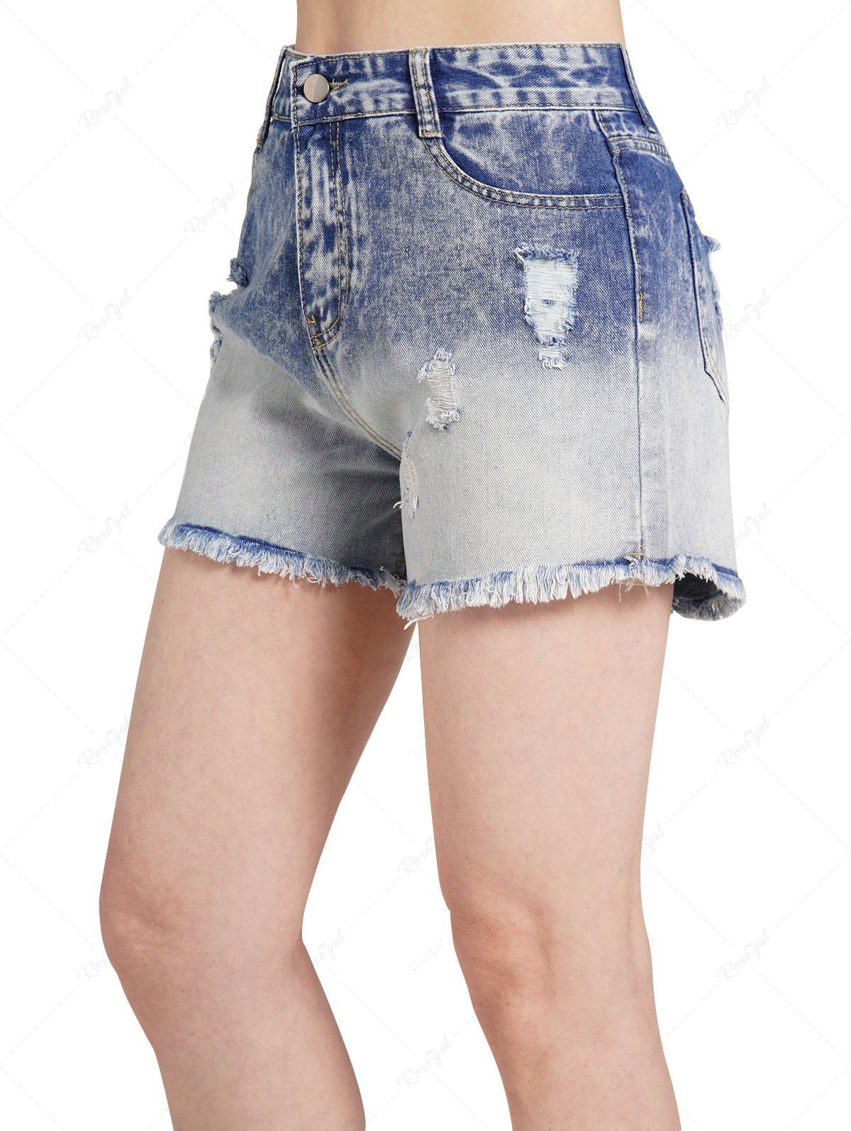 Chic Ombre Light Wash Ripped Frayed Hem Denim Shorts  