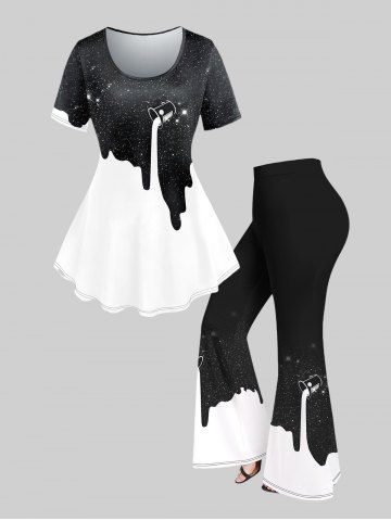 Plus Size 3D Colorblock Light Beam Paint Splatter Printed Short Sleeve Round Neck T-Shirt and Pants Outfit - BLACK