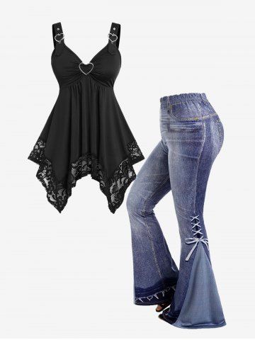 Lace Panel Buckles Handkerchiefs Tank Top and 3D Jeans Flare Pants Plus Size Summer Outfit - BLACK
