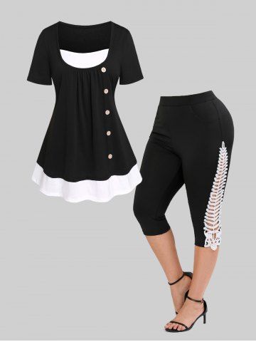 Monochrome 2 in1 Tee and Fishbone Guipure Lace Panel Leggings Plus Size Summer Outfit - BLACK