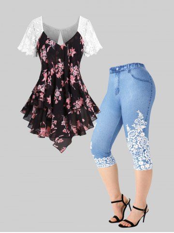 Lace Panel Floral Layered Blouse and 3D Jean Printed Leggings Plus Size Summer Outfit