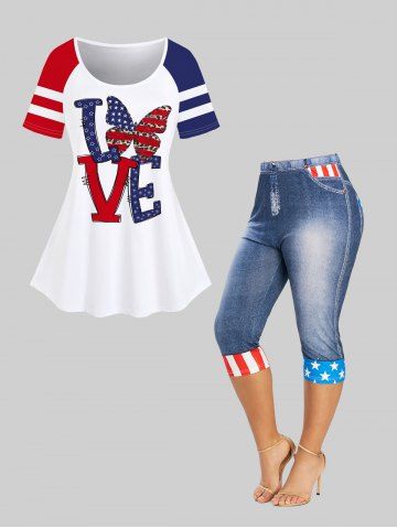 Patriotic Butterfly LOVE American Flag Print Raglan Sleeve T-shirt and Capri Jeggings Plus Size Outfits - WHITE