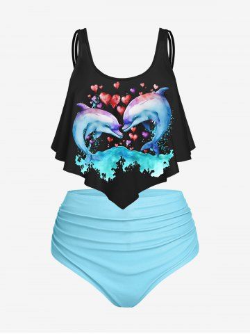 3D Dolphin Sea Waves Printed Overlay Top and Ruched Swim Bottom Tankini Swimsuit - LIGHT BLUE
