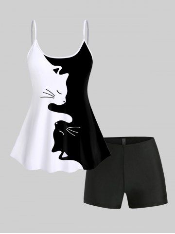 Cat Print Two Tone Padded Tankini Top and Boyshorts Modest Tankini Swimsuit - BLACK