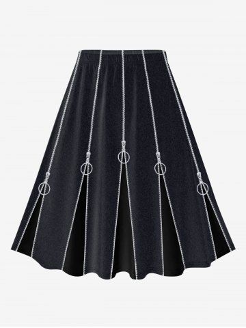 Plus Size Zipper Circle 3D Print Pleated Skirt - BLACK - S | US 8