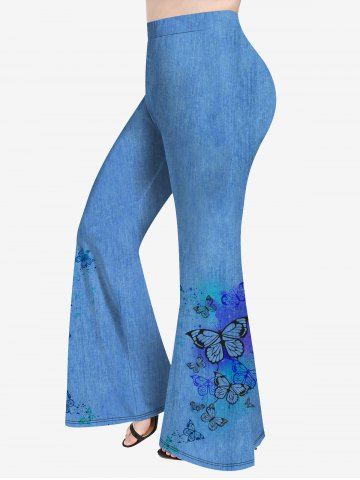 Plus Size 3D Butterfly Purple Paint Splatter Jeans Print Flare Pants - BLUE - 1X | US 14-16