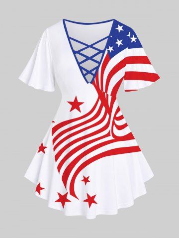 Camiseta con Estampado de Bandera Americana y Estrella - WHITE - 5X | US 30-32