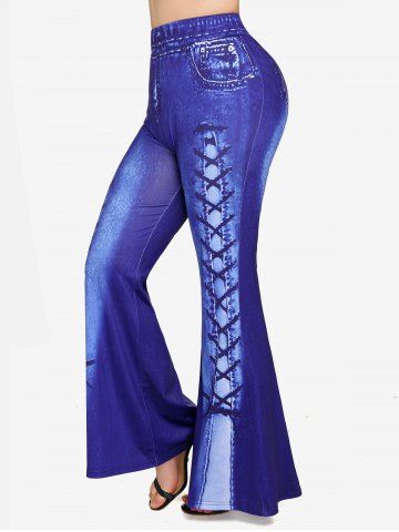 Plus Size Lace Up Denim Pockets Printed Flare Pants - BLUE - M | US 10