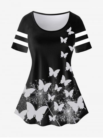 Plus Size Butterfly Print Striped Detail Raglan Sleeve T-shirt - BLACK - L | US 12