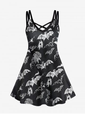 Gothic Crisscross Detail Bat Print Sleeveless Dress - BLACK - 1X | US 14-16