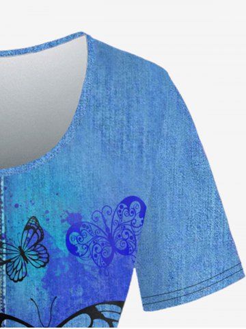 Plus Size 3D Butterfly Print Jeans Button Round Neck T-Shirt
