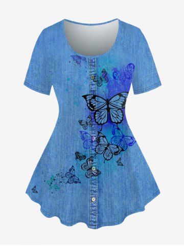Plus Size 3D Butterfly Print Jeans Button Round Neck T-Shirt - BLUE - 1X | US 14-16