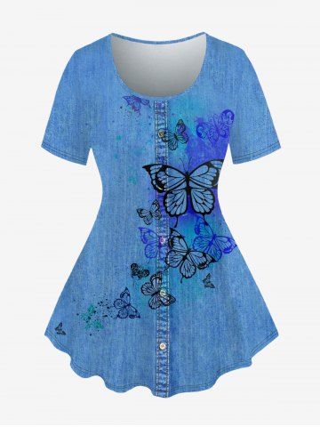 Plus Size 3D Butterfly Print Jeans Button Round Neck T-Shirt - BLUE - 3X | US 22-24