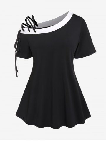 Plus Size Lace Up Skew Neck Short Sleeves T-Shirt - BLACK - M | US 10