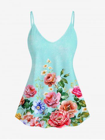 Plus Size Bloom Flower Print Cami Top - GREEN - 5X | US 30-32