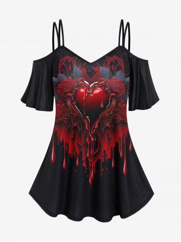 Gothic Rose Rose Blood Heart Print Cold Shoulder T-shirt - BLACK - M | US 10