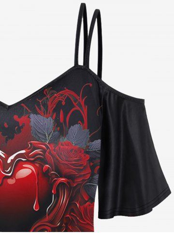 Gothic Rose Rose Blood Heart Print Cold Shoulder T-shirt