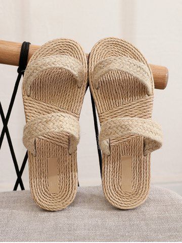 Straw Double Straps Slippers - LIGHT COFFEE - EU 38