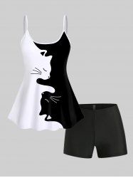 Cat Print Two Tone Padded Tankini Top and Boyshorts Modest Tankini Swimsuit -  