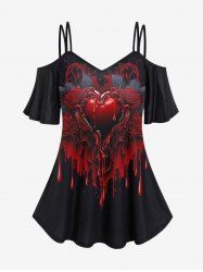 Gothic Rose Rose Blood Heart Print Cold Shoulder T-shirt -  