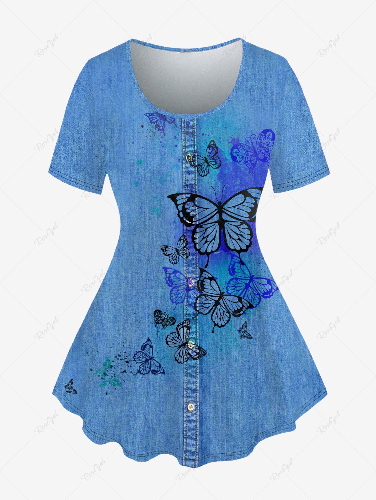T-shirt 3D Papillon Imprimé de Grande Taille à Col Rond avec Bouton Bleu 4X | US 26-28