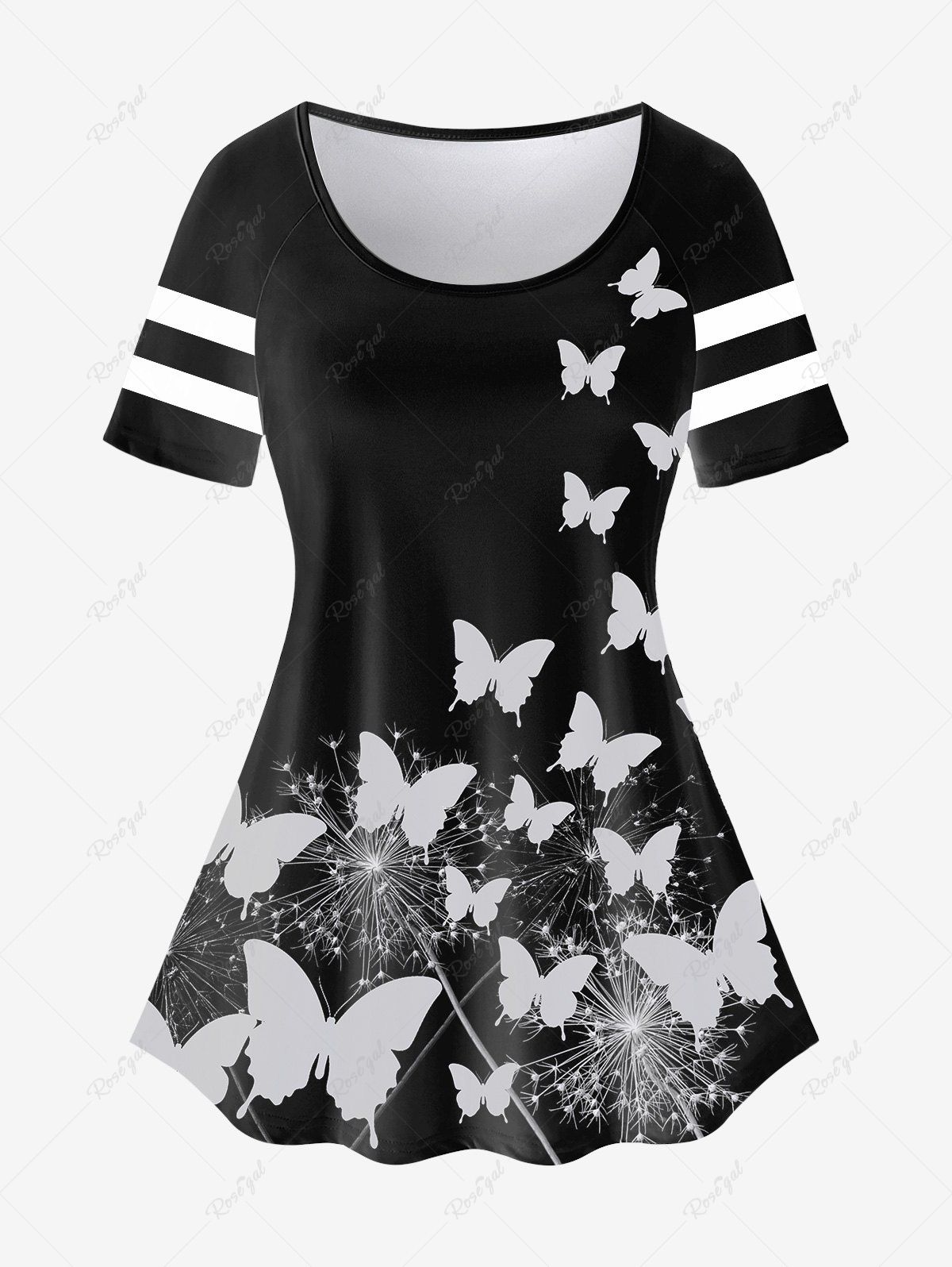 Affordable Plus Size Butterfly Print Striped Detail Raglan Sleeve T-shirt  