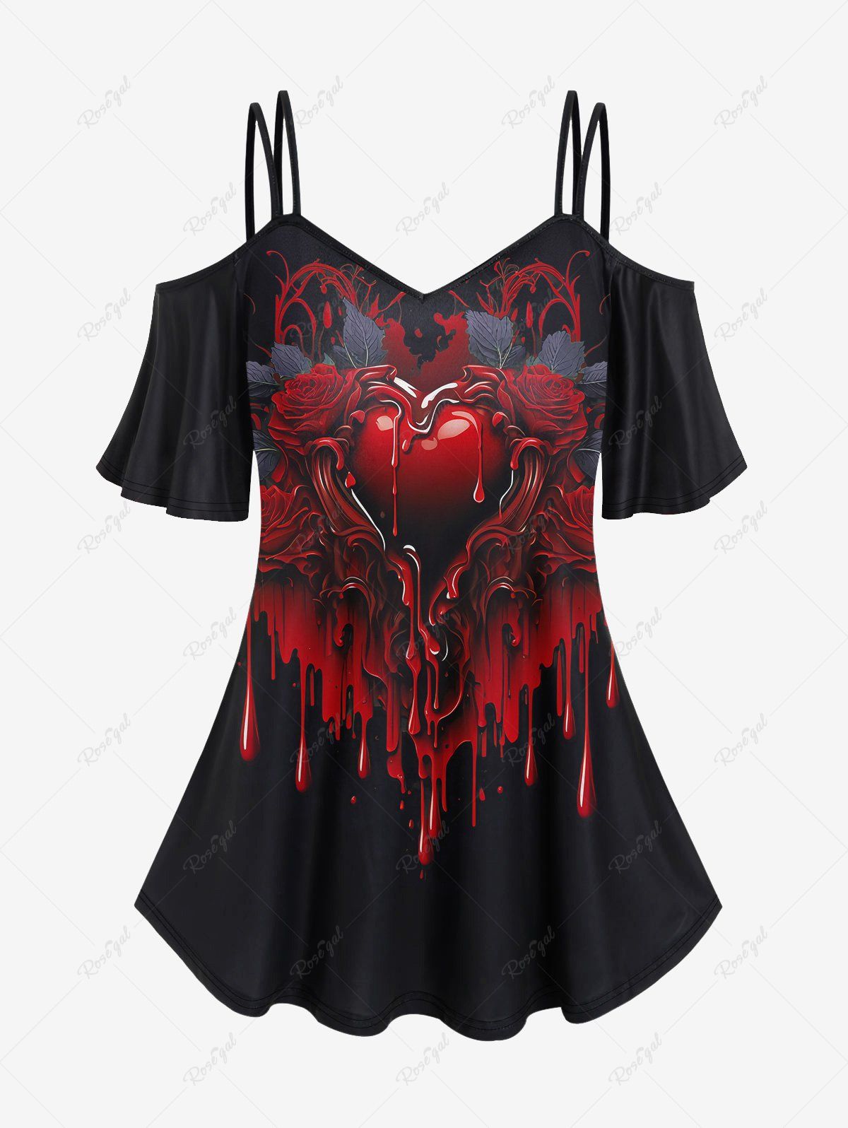 Affordable Gothic Rose Rose Blood Heart Print Cold Shoulder T-shirt  
